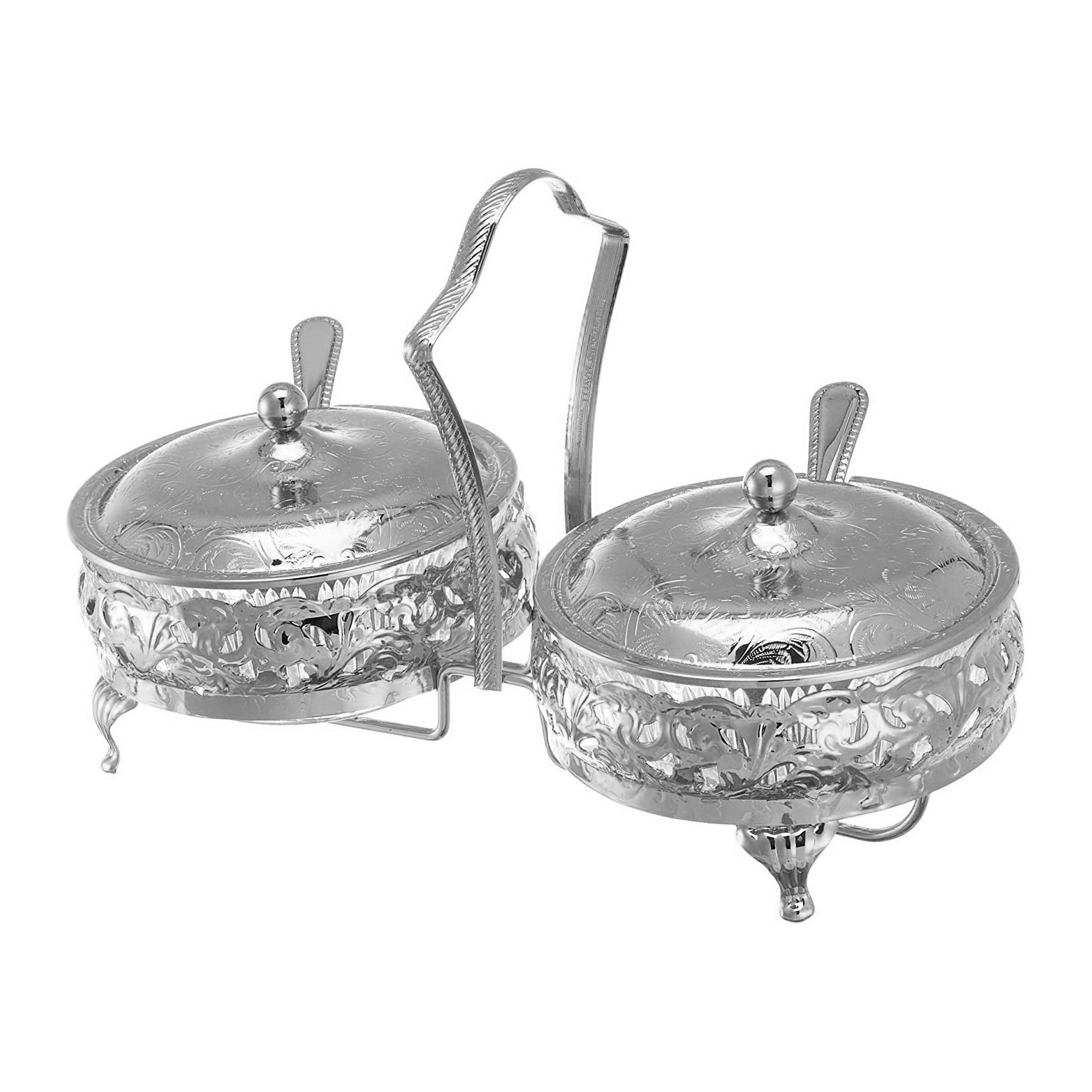 كوين آن طبق تقديم مقبلات دائري مطلي فضة ثنائي (٢ غطاء + ٢ طبق زجاجي+٢ ملعقة) - 0-4332-7