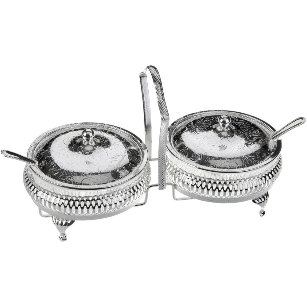 كوين آن طبق تقديم مقبلات دائري مطلي فضة ثنائي (٢ غطاء + ٢ طبق زجاجي+٢ ملعقة)  - 0-4332