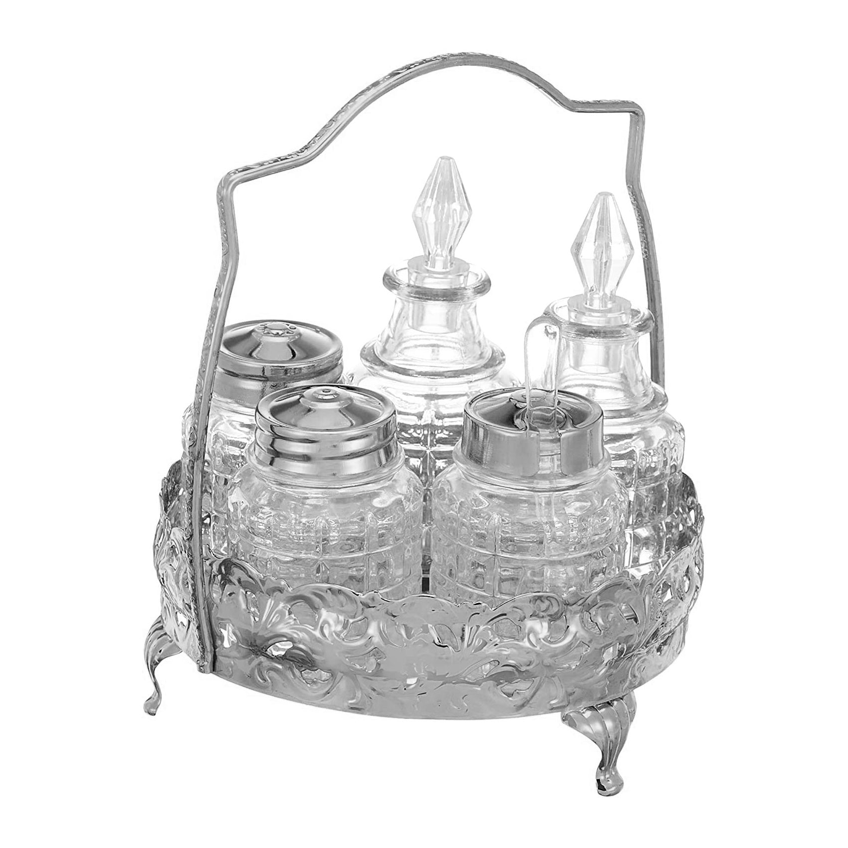 كوين آن طقم توابل مطلي فضة ٦ قطع (صينية +٢ زجاجة زيت+ برطمان ملح+برطمان فلفل أسود+برطمان مسطردة) - 0-4719-7