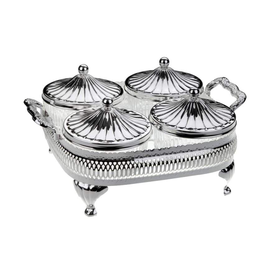 كوين آن طبق تقديم مقبلات دائري مطلي فضة رباعي (٤ غطاء + ٤ طبق زجاجي) -4924-0 Queen Anne Queen Anne