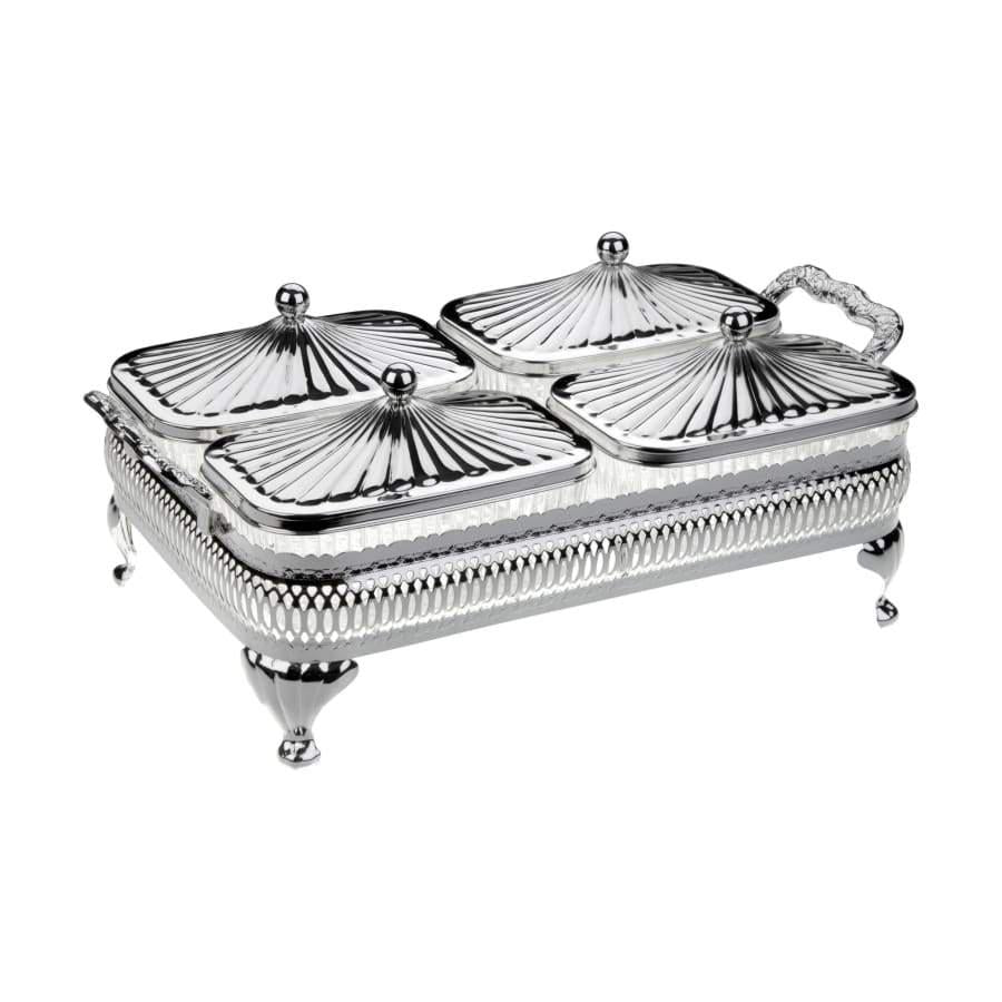 كوين آن طبق تقديم مقبلات مستطيل مطلي فضة رباعي (٤ غطاء + ٤ طبق زجاجي) -4925-0 Queen Anne Queen Anne