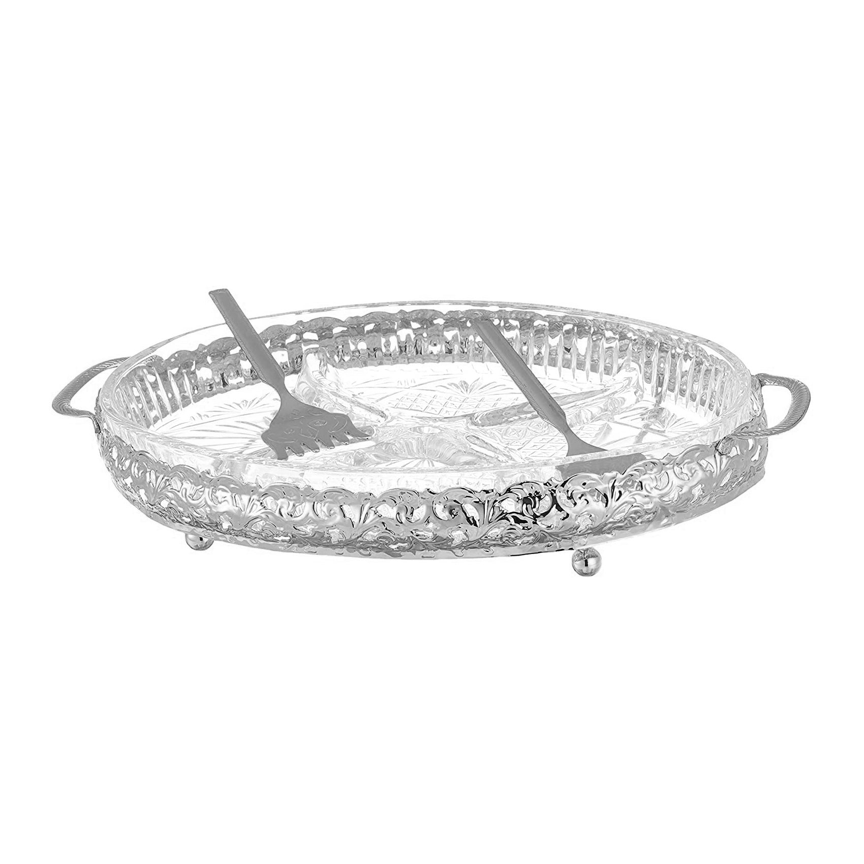 كوين آن طبق تقديم مقبلات بيضاوى مطلي فضه وطبق زجاجي مقسم 4 أجزاء (اوردفر) (2 شوكة) - 0-6229-7