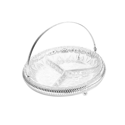 كوين آن طبق تقديم مقبلات بيضاوى مطلي فضه وطبق زجاجي مقسم ٣ أجزاء - 0-6231