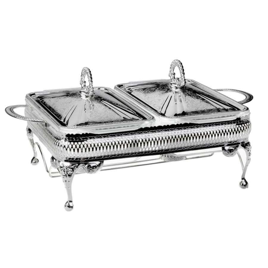 كوين آن طبق تقديم مستطيل مطلي فضة مزدوج بشمع تدفئة (٢ غطاء + ٢ طاجن زجاجي) - 6280-0 Queen Anne Queen Anne