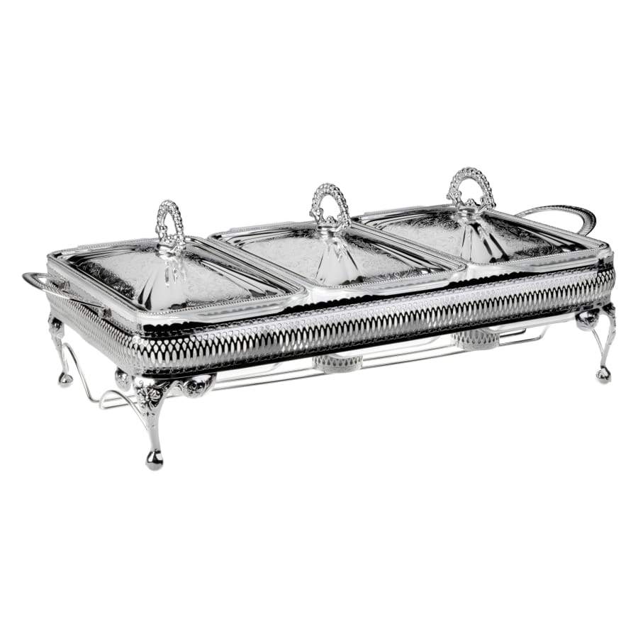 كوين آن طبق تقديم مستطيل مطلي فضة ثلاثي بشمع تدفئة (٣ غطاء + ٣ طاجن زجاجي) - 6283-0 Queen Anne Queen Anne