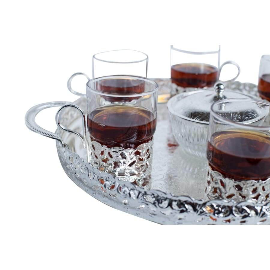 كوين آن طقم شاي مطلي فضة ٩ قطع (٦ كوب شاي بيد (تصميم رويال) + صينية + سكرية بغطاء + ملعقة) - 0-6400-7 Queen Anne Queen Anne