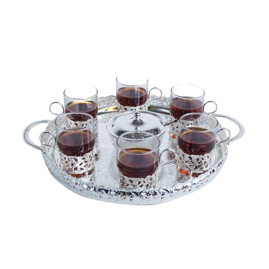 كوين آن طقم شاي مطلي فضة ٩ قطع (٦ كوب شاي بيد (تصميم رويال) + صينية + سكرية بغطاء + ملعقة) - 0-6400-7 Queen Anne Queen Anne