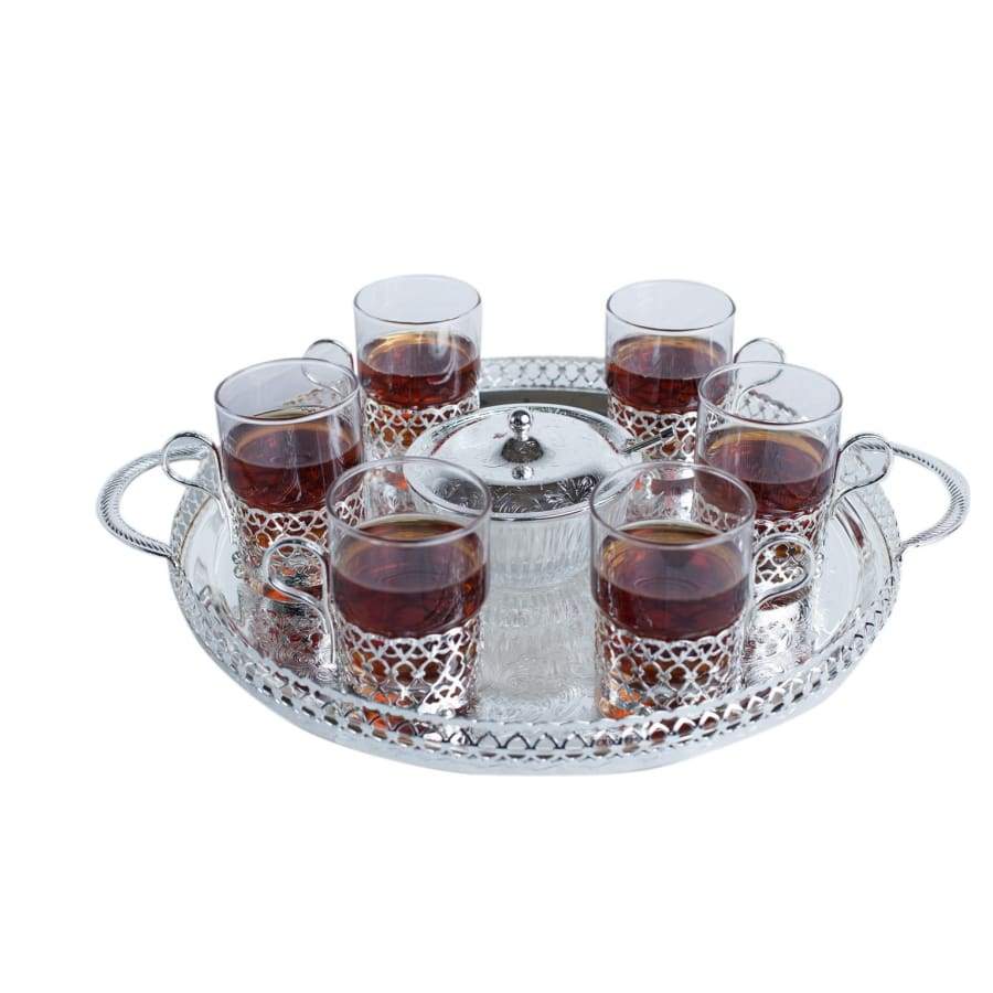 كوين آن طقم شاي مطلي فضة ٩ قطع (٦ كوب شاي بيد (تصميم انتيك) + صينية + سكرية بغطاء + ملعقة) - 0-6400-A Queen Anne Queen Anne