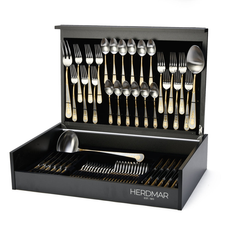 هيردمار جويل طقم شوك ومعالق 75 قطعة استانلس ستيل 18/10 ذهبي و فضي ماط - 44835248