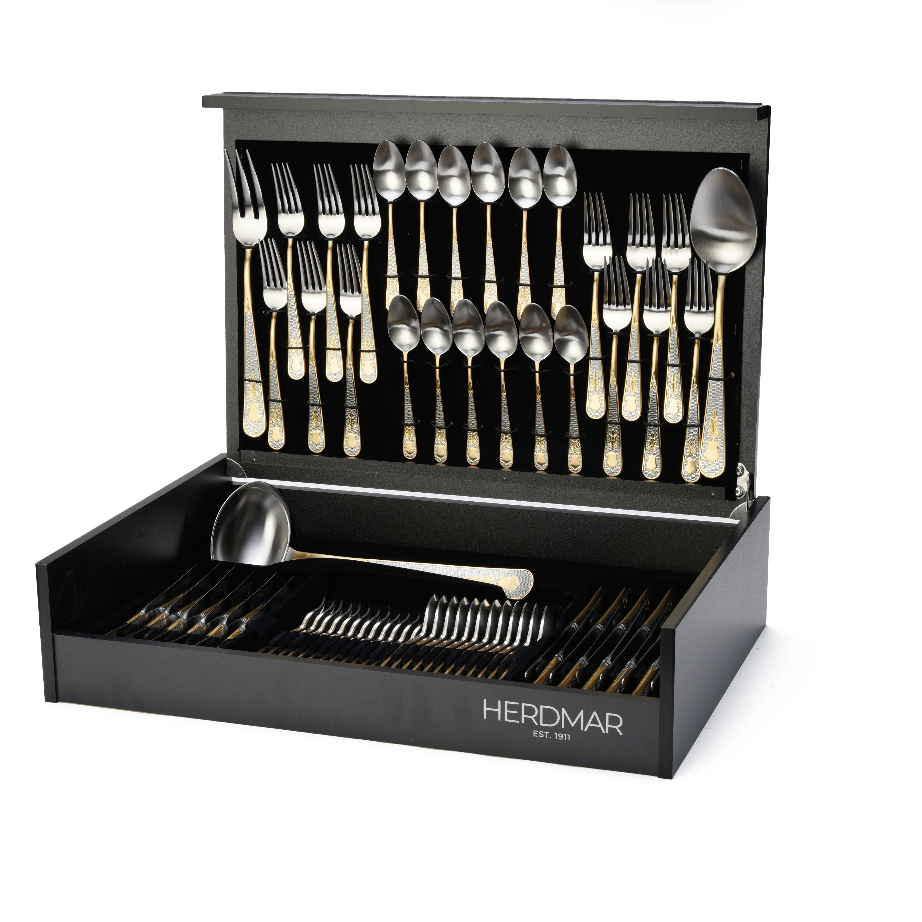 هيردمار جويل طقم شوك ومعالق 75 قطعة استانلس ستيل 18/10 ذهبي و فضي ماط - 44835248