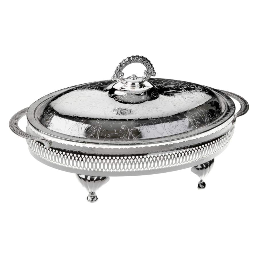 كوين آن طبق تقديم مقبلات بيضاوى مطلي فضه وطبق زجاجي مقسم ٤ أجزاء (اوردفر) بغطاء -60-6205 Queen Anne Queen Anne