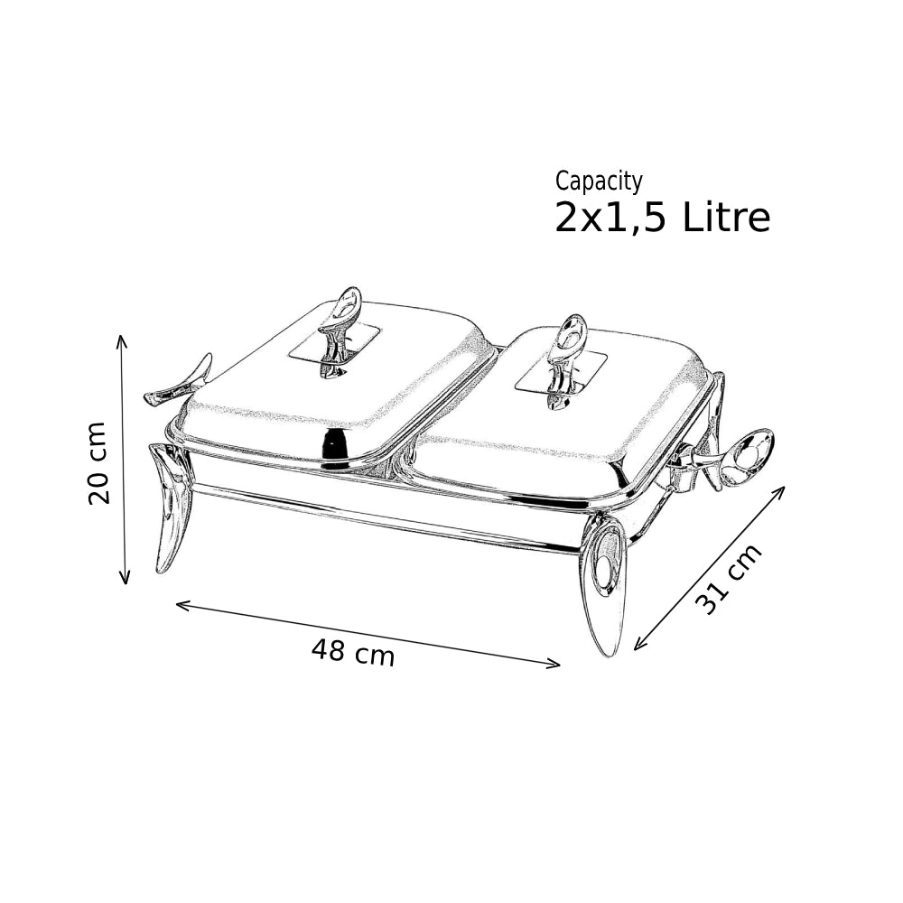 رويال ألفريدو طبق تقديم مستطيل مقسم دبل (2 غطاء + 2 طاجن زجاجي)  ستناليس ستيل فضى * فامية - 914BL