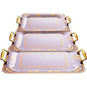 طقم صواني شكل مستطيل استانلس ستيل 3 قطعة فضي وذهبي- 6086-G-3S