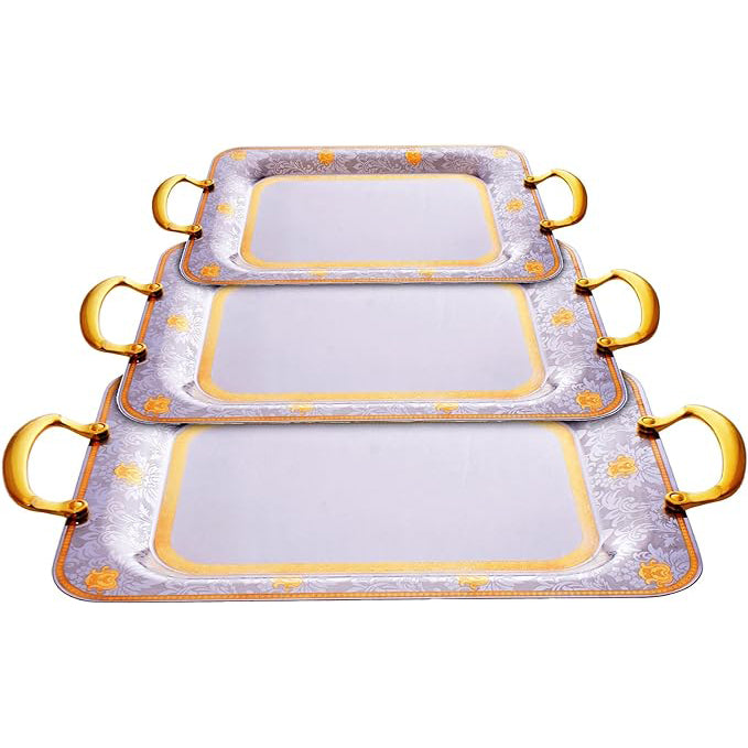 طقم صواني شكل مستطيل استانلس ستيل 3 قطعة فضي وذهبي - 6050-G-3S