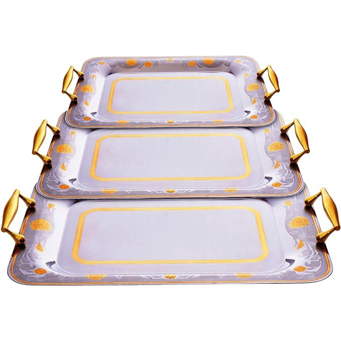 طقم صواني شكل مستطيل استانلس ستيل 3 قطعة فضي وذهبي - 2050-G-3S