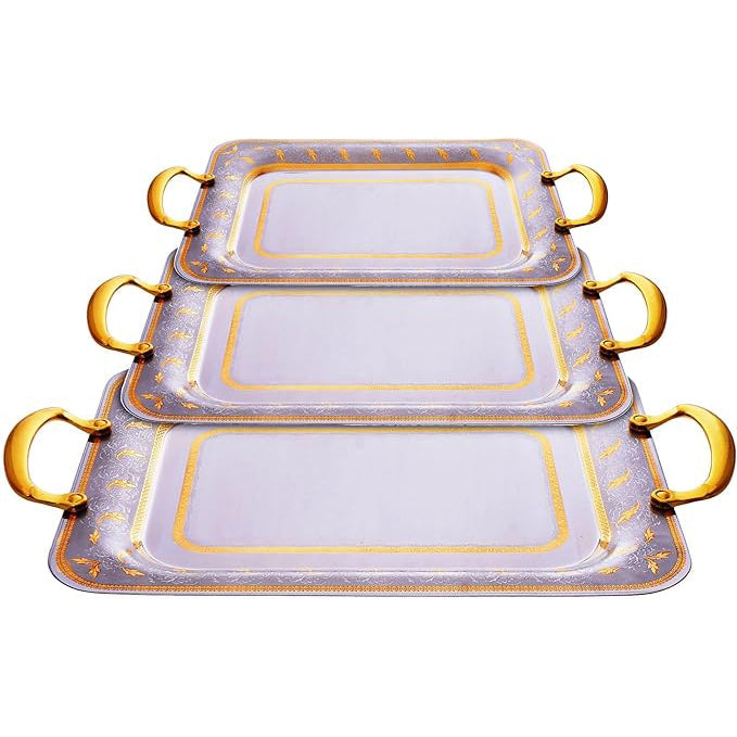 طقم صواني شكل مستطيل استانلس ستيل 3 قطعة فضي وذهبي - 6010-G-3S