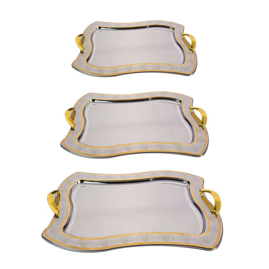 طقم صواني شكل مستطيل استانلس ستيل 3 قطعة فضي وذهبي - 2040G