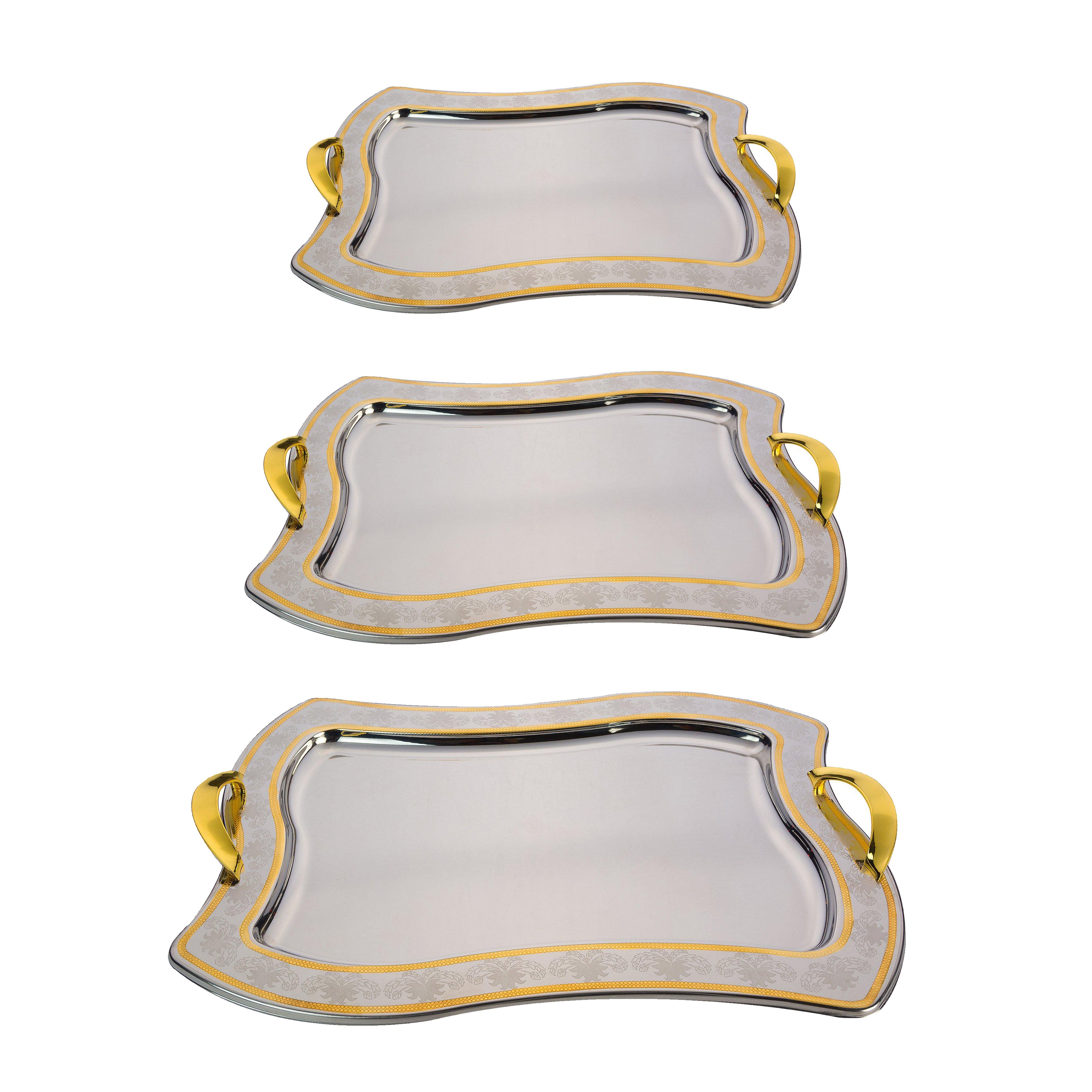 طقم صواني شكل مستطيل استانلس ستيل 3 قطعة فضي وذهبي - 2040G
