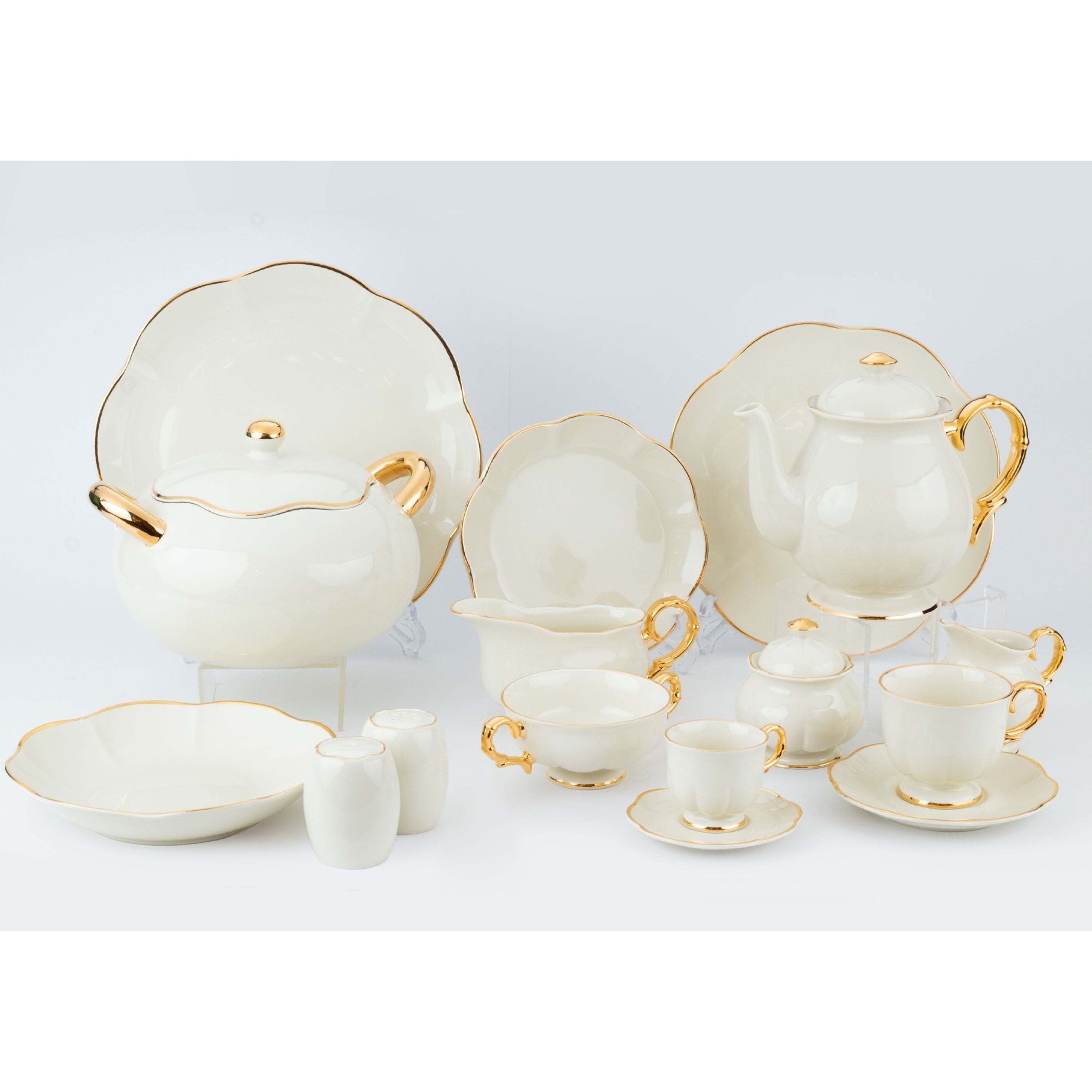 كوالتيير طقم سفرة بورسلين 110 قطعة أوف وايت وذهبي - SAKURA95