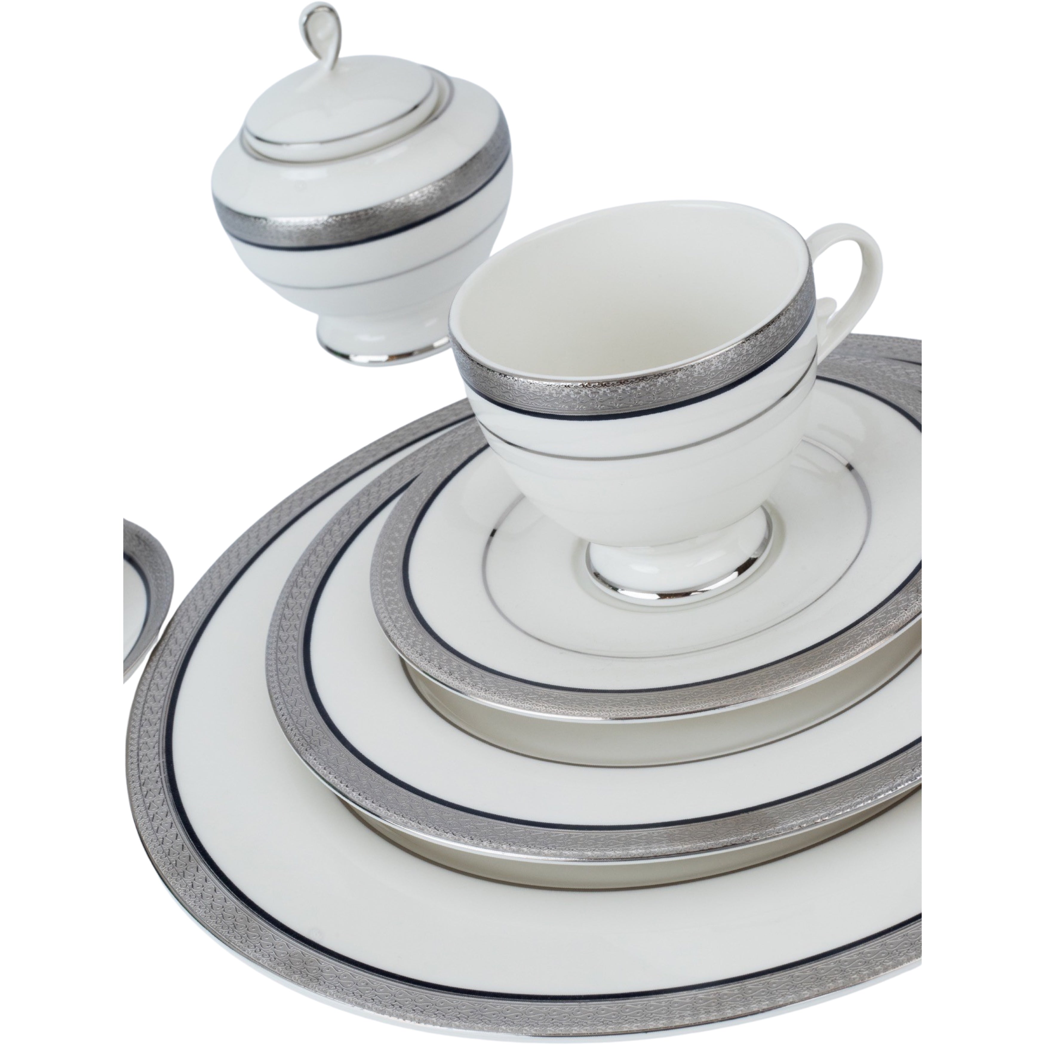 ‎رويال ألفريدو طقم سفرة بورسلين 112 قطعة أوف وايت وفضى-MO-005P