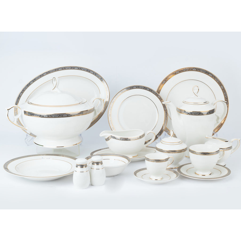 رويال ألفريدو طقم سفرة بورسلين 112 قطعة أوف وايت وذهبي وفضي - MO007