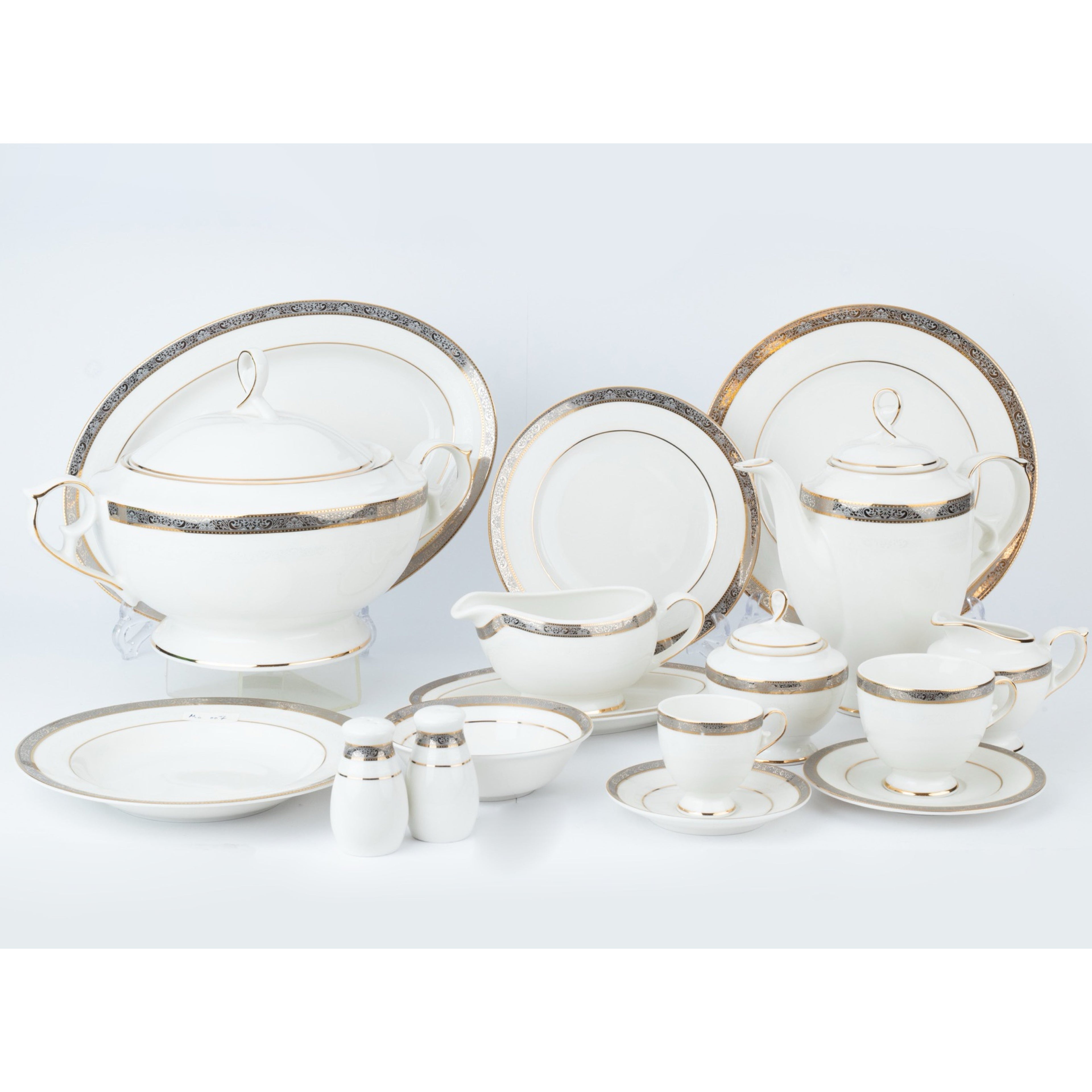 رويال ألفريدو طقم سفرة بورسلين 112 قطعة أوف وايت وذهبي وفضي - MO007