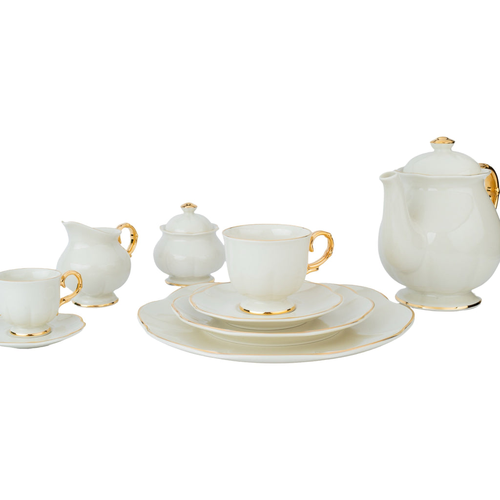 كوالتيير طقم سفرة بورسلين 110 قطعة أوف وايت وذهبي - SAKURA95