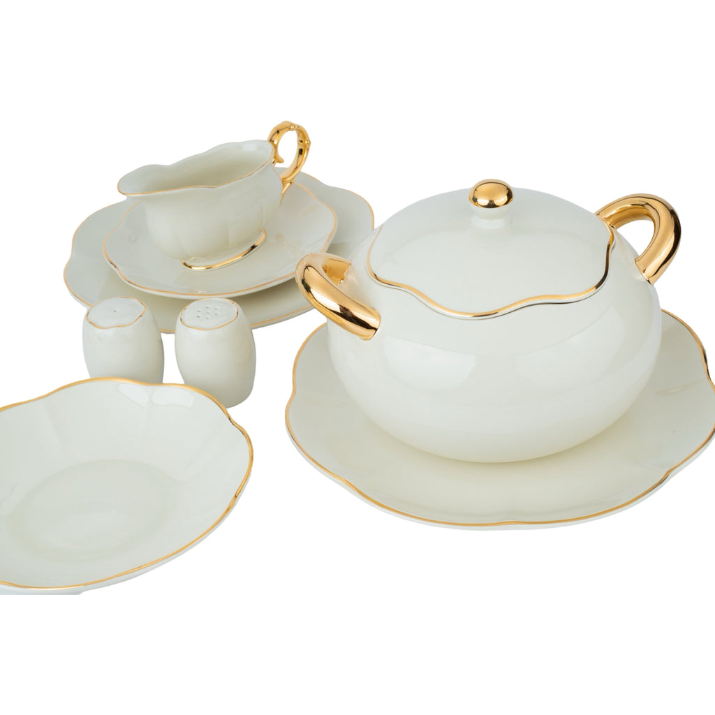 كوالتيير طقم سفرة بورسلين 110 قطعة أوف وايت وذهبي - SAKURA95