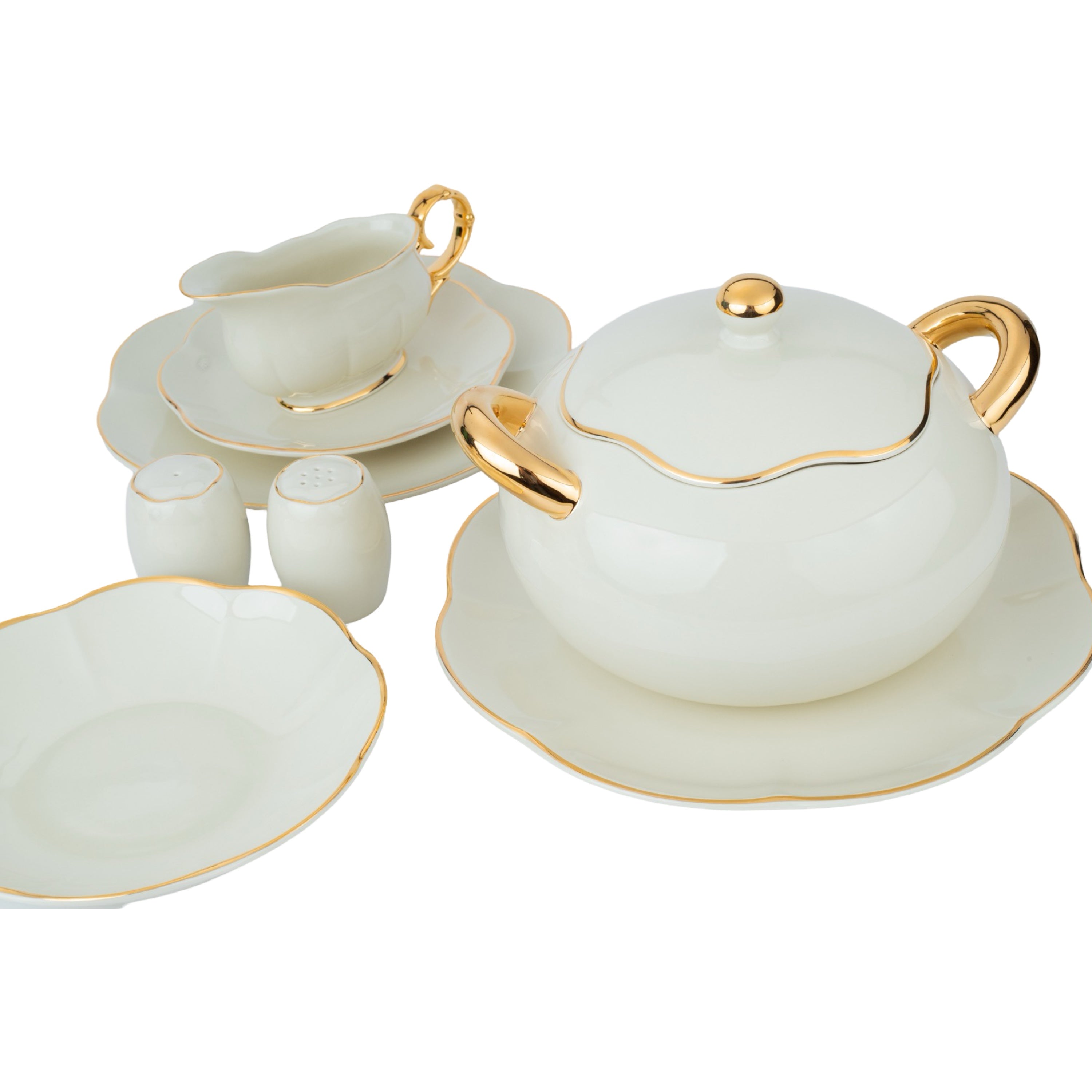 كوالتيير طقم سفرة بورسلين 110 قطعة أوف وايت وذهبي - SAKURA95